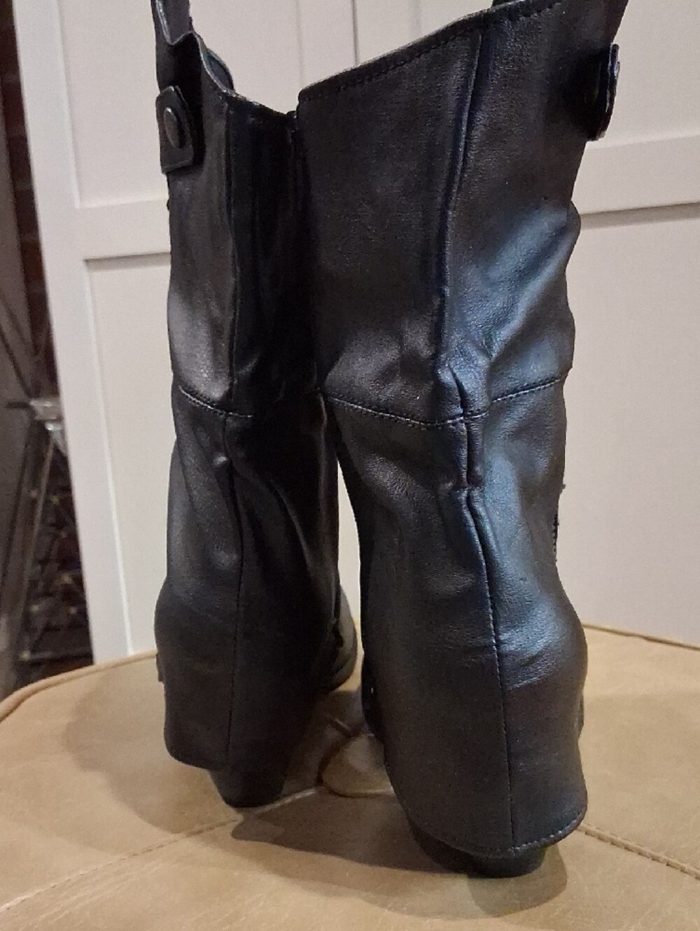 Cupid Black Mid-Calf Wedge Zip Boots Western Biker - Picture 4 of 10